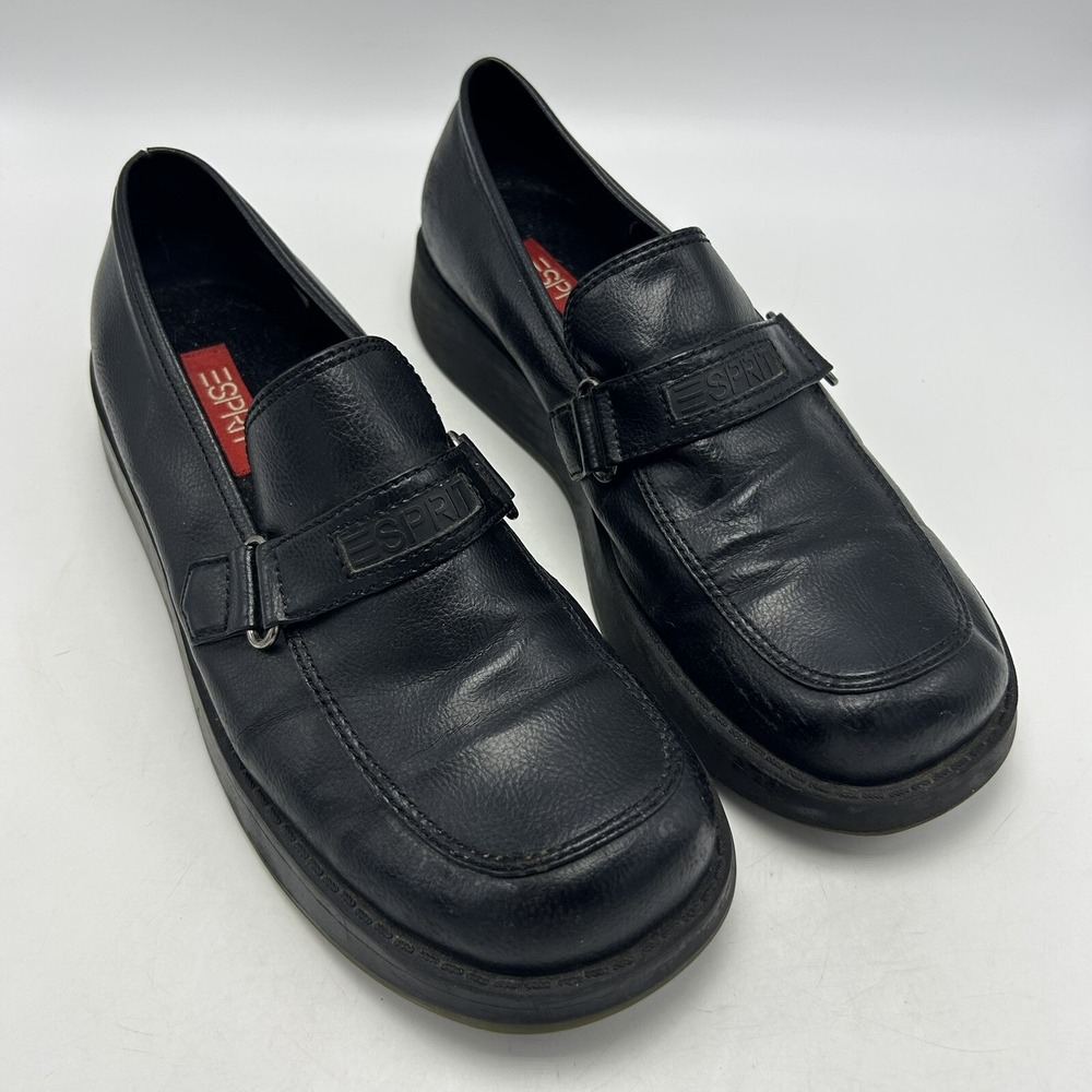 Vtg Esprit Womans Oxford Shoes 11 90s Y2K Black Faux Leather Rocker Loafer Read
